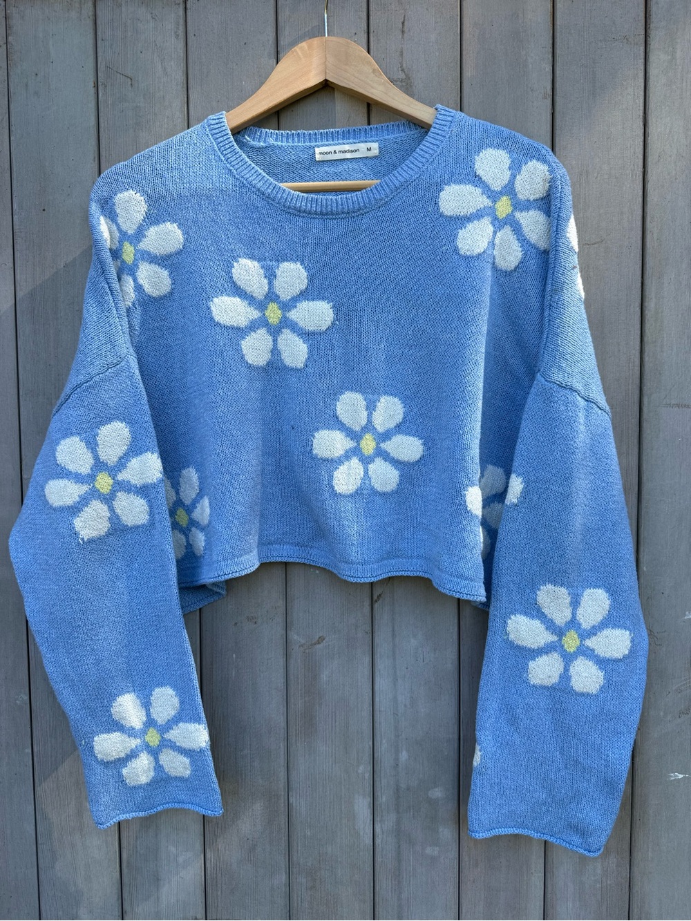 moon & madison Blue Cropped Daisy Knit Sweater